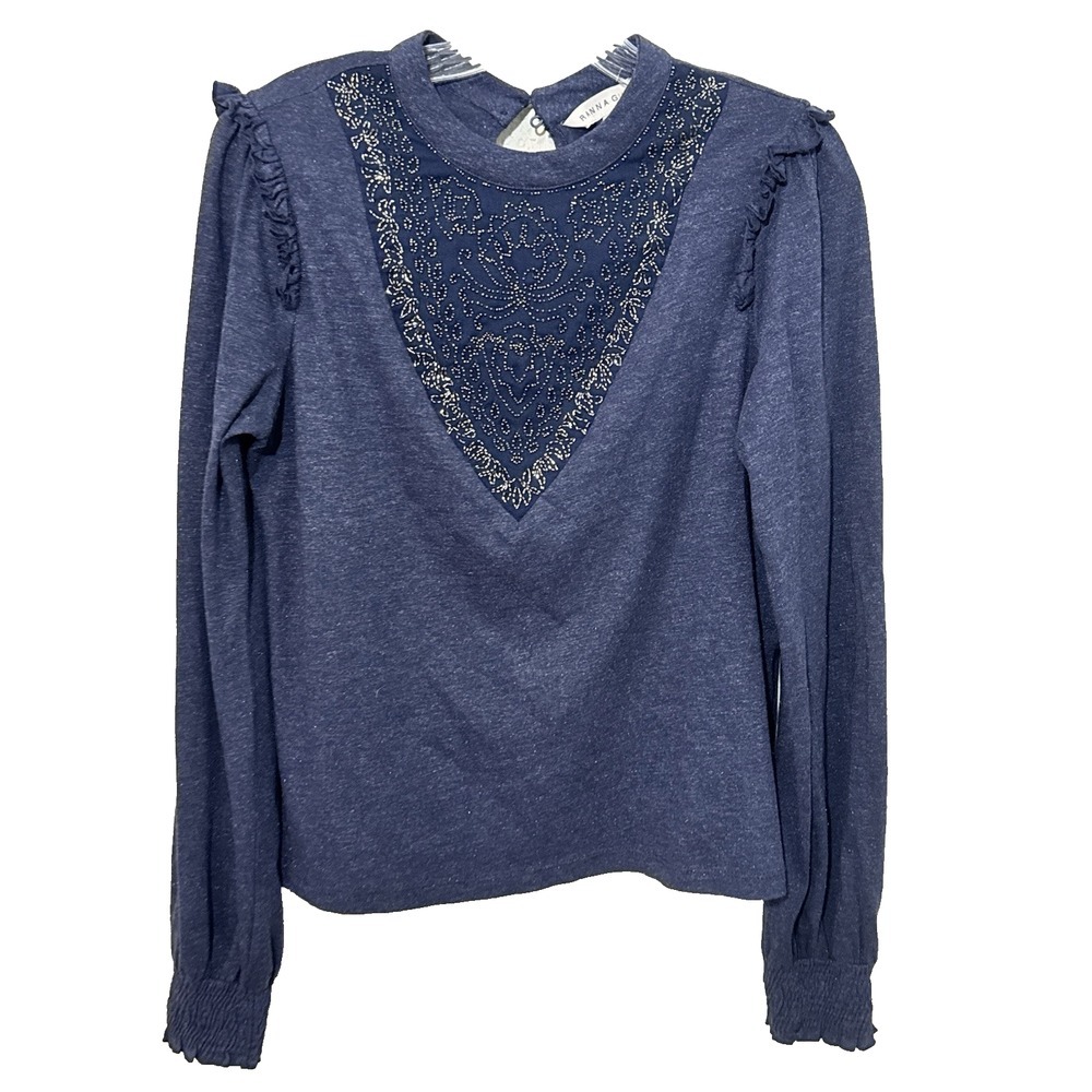 Ranna Gill‎ Anthropologie Women's Beaded Ruffle Long Sleeve Blue Blouse Sz XS